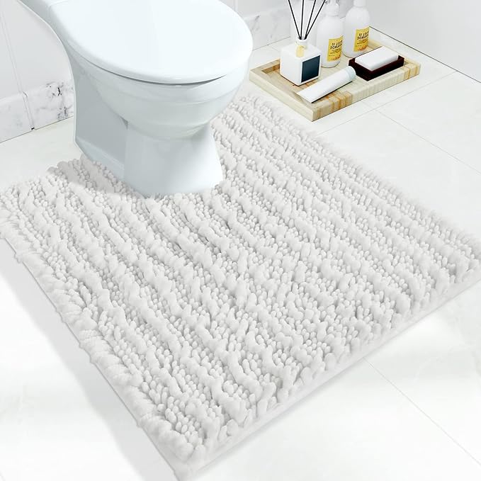 Yimobra Toilet Rug U Shaped Washable 24x24 Inch - Ultra Soft Absorbent Chenille Bath Rugs for Toilet, Quick Dry & Machine Washable, Non Slip Contour Bathroom Mat, White