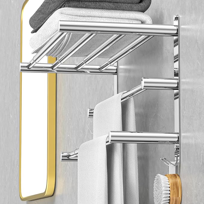 Adjustable Towel Bar for Bathroom Wall Mount17-30.7inch Adhesive Shower Towel Rack Stainless Steel Bath Towel Holders for Toilet Kitchen Double Towel Hanger (3-Layer Towel Rack)