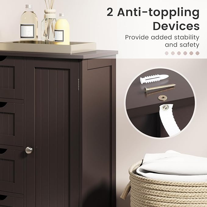 Tangkula Bathroom Floor Cabinet, Freestanding Storage Cabinet with 4 Drawers & Single Door, Adjustable Shelf, Multipurpose Bathroom Storage for Home Office, 21.5 x 12 x 32.5 Inches (Coffee)