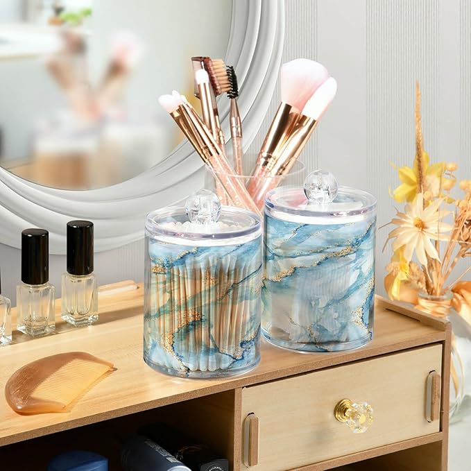 MNSRUU 4 Pack Qtip Holder Organizer Dispenser Sky Blue Marble Bathroom Containers Bathroom Vanity Storage Canister Apothecary Jars for Cotton Swabs/Pads/Floss