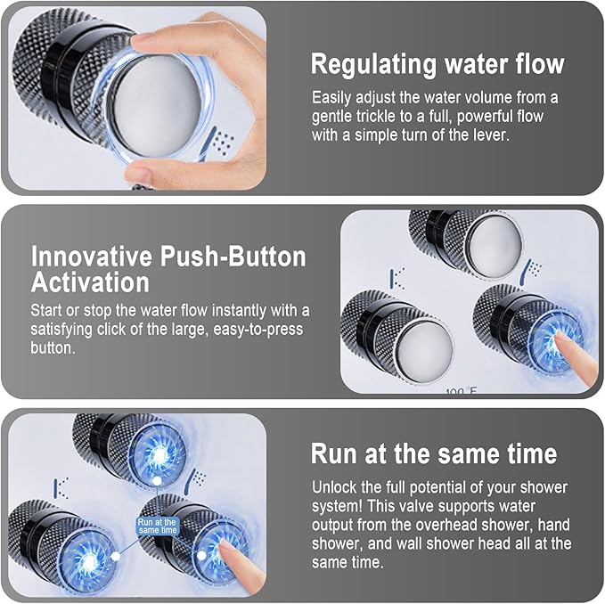 Push Button 3 Way Thermostatic Shower Diverter Valve, Concealed 3 Outlet Multi Function Brass Mixer Shower Valve Kit Can Control Flow and On-Off Simultaneously, Polished chrome