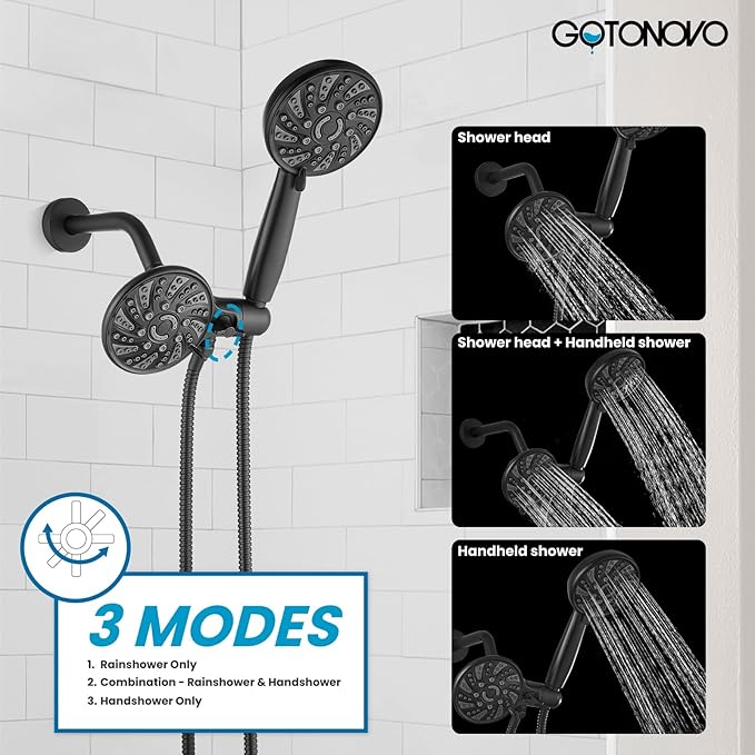 gotonovo 2 Handle Tub Shower Faucet Set Bathtub and Shower Faucet Combo Dual Shower Head and Handle Set Tub Shower Trim Kit Shower System with Tub Spout Wall Mount Matte Black