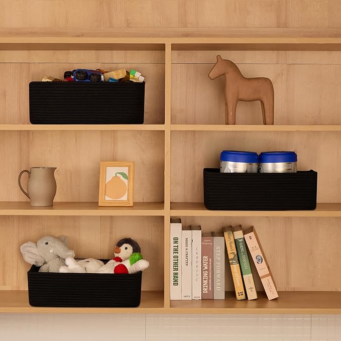 Large Shallow Organizing Baskets 15x11x5.1 Inches - Rope Woven Storage Bins for Bathroom, Shelves, Cube Closet, Black 3 Packs