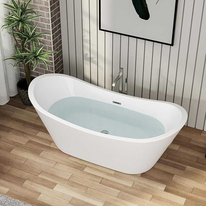 67 Inch Acrylic Freestanding Soaking Bathtub - Mocoloo Contemporary Soaking White Tub Stand Alone Bathtub with Overflow and Drain