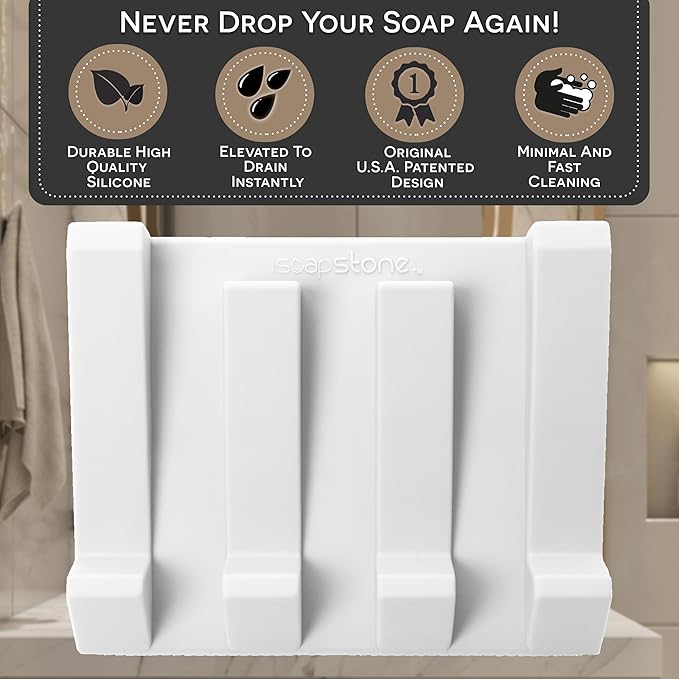 Silicone Soap Dish (USA Patented) Self Draining Bar Soap Holder for Shower Bathroom Sink, Drying Soap Dish Tray Kitchen Sponge Holder Easy Cleaning Soap Saver Mat (Pure White, 2)