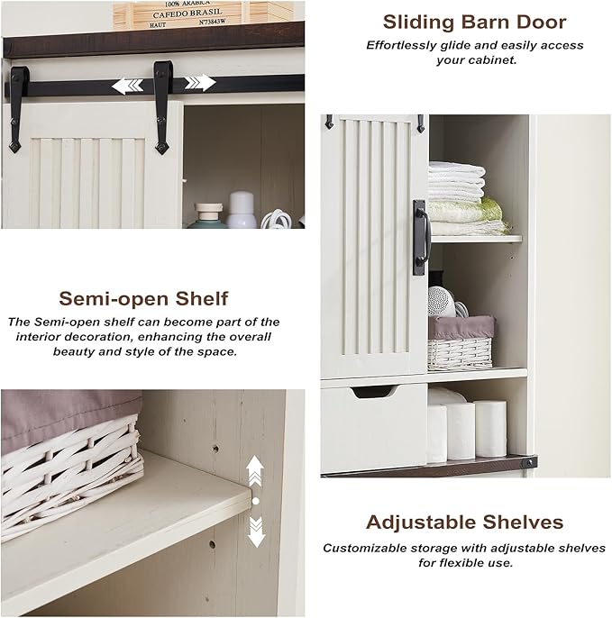 Over The Toilet Storage Cabinet, Farmhouse Storage Cabinet with Adjustable Shelves and Sliding Barn Door, Free Standing Over Toilet Bathroom Organizer (Antique White)