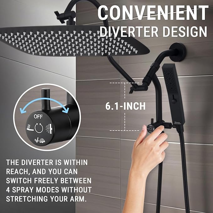 G-Promise 14 Inches Shower Faucet Sets Complete, All Metal Rainfall Shower Head and Handle Set, Extended Downward Diverter, Extension Arm and Pressure Balance Rough-in Valve Included