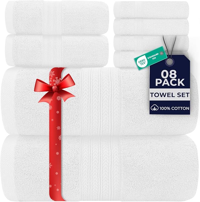 DAN RIVER 8 PC Luxury Bath Towels for Bathroom, 2 Bath, 2 Hand, and 4 Wash Cloths, 600 GSM 100% Ring Spun Cotton Towel Set, Highly Absorbent, Gym, Hotel, and Spa, White