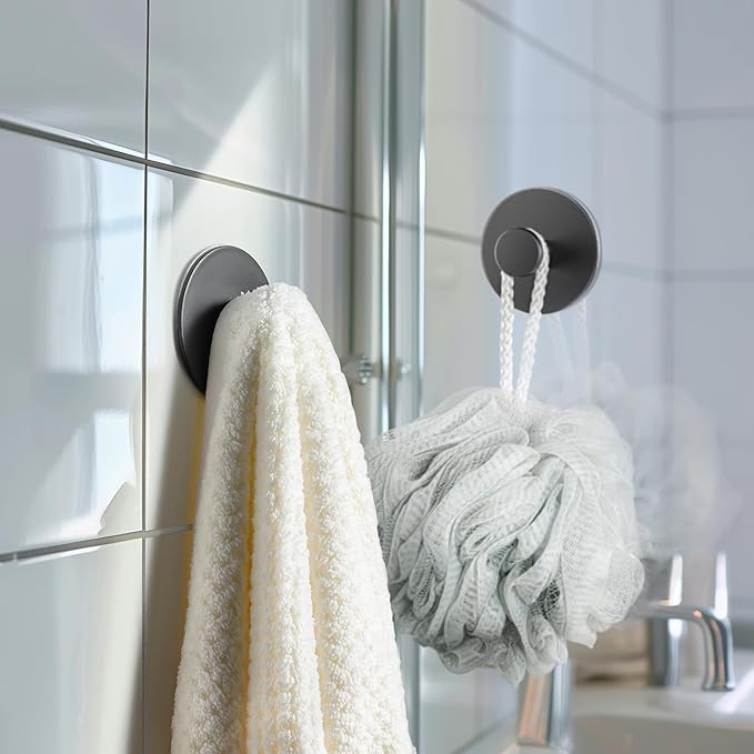 Towel Hooks for Bathroom Wall - Extra Sticky Stainless, Holds up to 12LB, Coat Hooks Wall Hooks, Adhesive Door Holder Hanger Shower Accessories, Matt Black Heavy Duty, 6 Pack