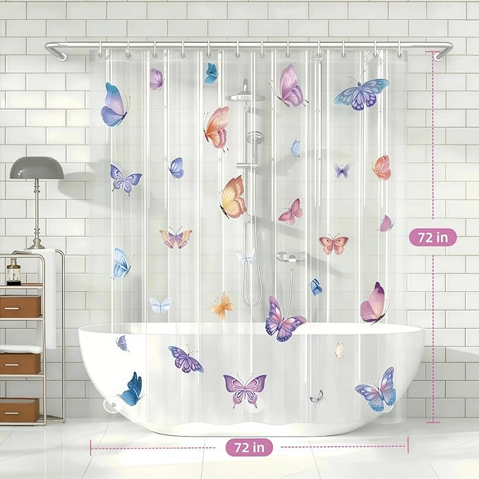 Clear Butterfly Shower Curtain Liner, Colorful Plastic Transparent Pretty Shower Curtains for Bathroom, 72x72 Weighted Magnetic Shower Curtain Set with 12 Hooks