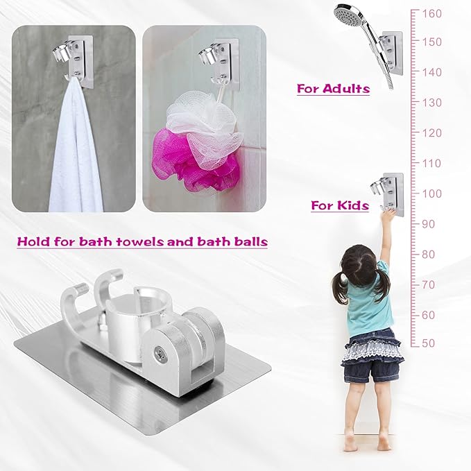 2PCS Shower Head Holder,Strong Adhesive Shower Holder,Adjustable Shower Wand Holder with 2 Hanger Hooks,Handheld Shower Head Wall Mount Bracket,Shower Holder Adapter For Bathing,Bathroom,No Drill Need