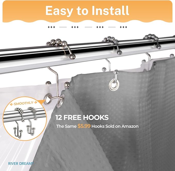 River Dream Grey Shower Curtain with Liner Set, Waffle Fabric Shower Curtain and Waterproof Clear Liner Set with Double Sided Metal Hooks, 72" W*72" H