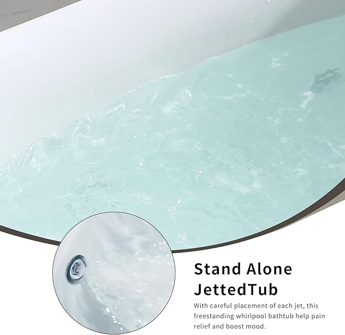 Empava 59 Inch Acrylic Freestanding Whirlpool Tub, Hydromassage Gracefully Oval Shaped Whirlpool 7 Water Jets Soaking SPA, Lumbar and Neck Support, Black Pillow, ETL Certified, White