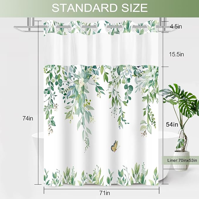 No Hook Shower Curtain and Liner Set, Light Green Eucalyptus Floral Shower Curtains for Bathroom, Bath Curtain Sets with Snap in Liner, Waterproof with See Through Top Window, 71x74 Inches