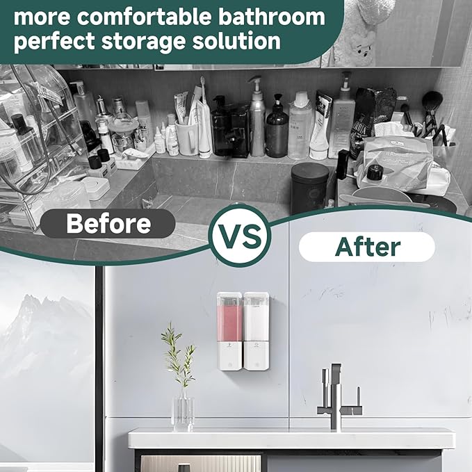 Shampoo and Conditioner Dispenser Wall Mounted No Drill, Shower Soap Dispenser 2 Chamber Shampoo Conditioner Body Wash Refillable 2 * 17oz Shower Soap Dispenser for Bathroom Hotel, White+Clear