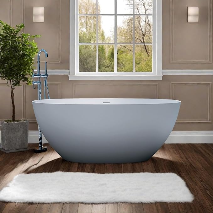 55'' Resin Stone Soaking Bathtub Freestanding Bathtub Solid Surface Modern Tubs with Overflow and Pop-up Drain in White…