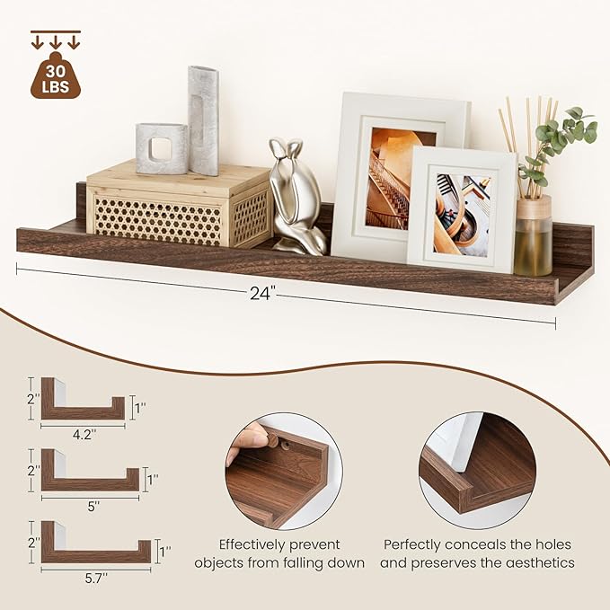 Heimlove Floating Shelves Set of 6, 24" Wall Mounted Picture Ledge, Display Shelf Organizer for Decor Storage, Wall Mounted Shelves for Living Room, Bedroom, Bathroom, Kitchen (Walnut)