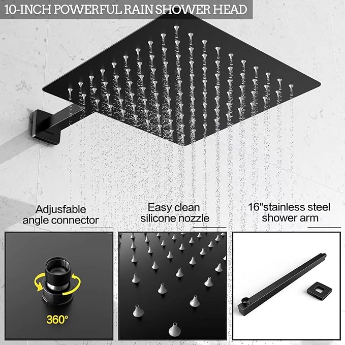 Shower System Wall Mounted 10 inch Shower Overhead for Bathroom,Rain Shower Combo Set with Handheld Spray,Luxury Rainfall Shower Head Rough-in Valve and Trim Included(Matte Black)