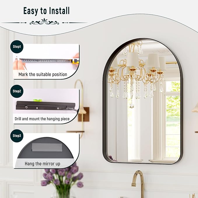 GLSLAND 26”x38“ Black Arched Bathroom Mirror - Aluminum Alloy Framed Wall- Matted Wall Mirrors for Bedroom, Entryway Mirrors for Wall