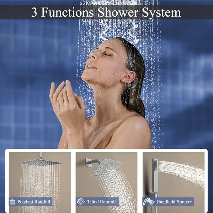 Shower Faucet Set Brushed Nickel Shower System, Knob Switch Diverter Shower Faucet with High Pressure Handheld Spray, Ceiling Mount 10 Inch Shower Head with 6 Inch Wall Mount Shower Head
