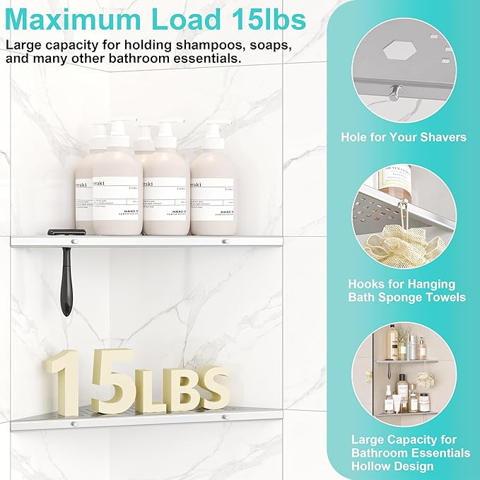 10" Bathroom Corner Shelf, 2 Pack Recessed Shower Shelf Caddy, SUS304 Stainless Steel Shelf Wall Mount Triangular, No Drilling Brushed Nickel