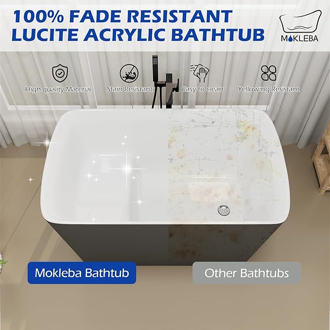 47" Lucite Acrylic Freestanding Bathtub，Square Shape Janpanese Soaking Tub with Seat Desgin,Toe-tap Chrome Right Drain, Slotted Overflow, cUPC Certified, 37° Gray