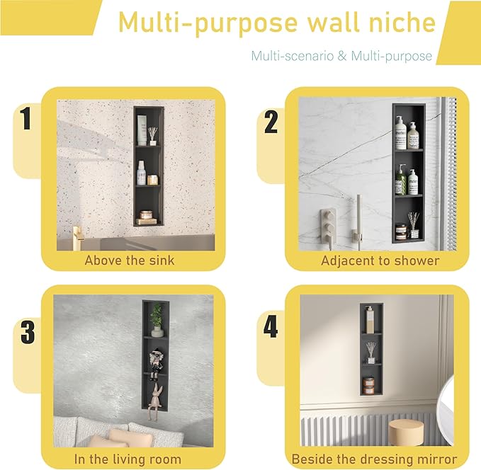 Tall Niche Three-Tiered Shelves Embedded in The Wall，Shower Niche No Tile Needed for Bathroom Niche Decor ，Stainless Steel（Black 8"x 36"）