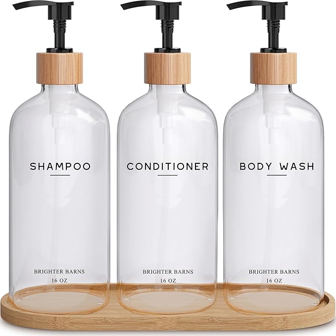 Clear Shampoo and Conditioner Dispenser Set by Brighter Barns - Refillable Plastic Shower Dispenser for Bathroom - Shampoo Bottles & Tray - Modern Bathroom Accessory for Hotel, Vacation Rental (Clear)