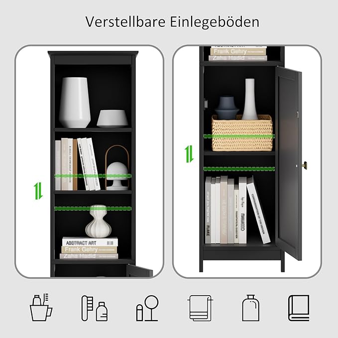 RRX Tall Bathroom Storage Cabinet,Slim Bathroom Cabinet with Door &Shelf,13.8" L*12.6" W*63.4" H,Freestanding Narrow Cabinet with Anti-Tip,Storage for Kitchen,Entryway (Black)