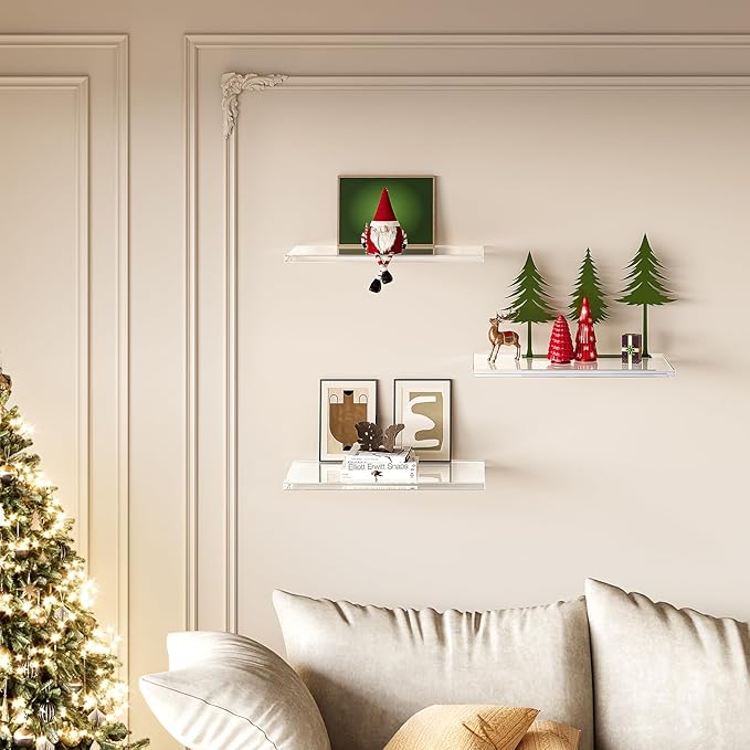 Acrylic Floating Shelves for Wall, Wall Mounted Shelf for Storage and Decor, Floating Shelf Organizer for Bedroom, Living Room, Bathroom, Kitchen (Clear, 15.5" W x 7" D x 0.5" H)