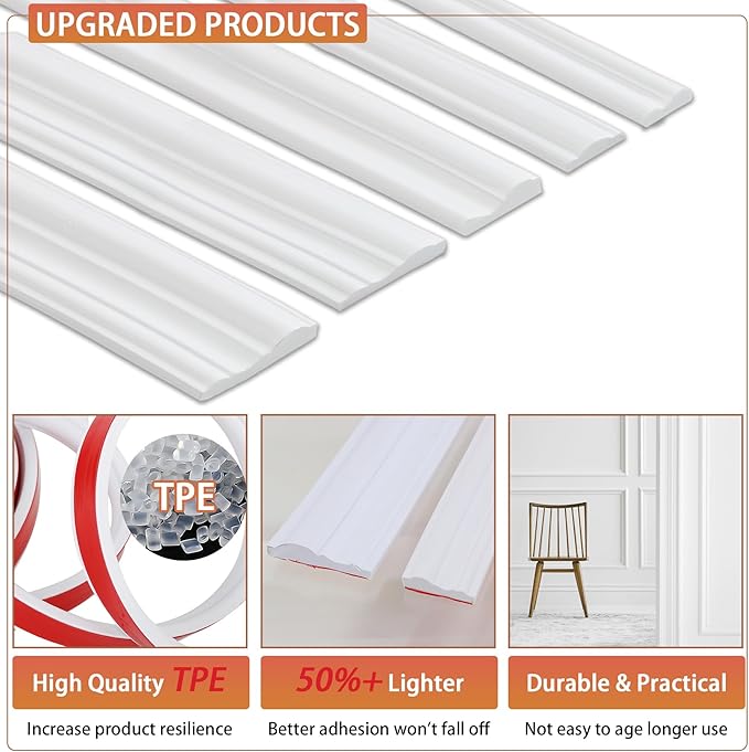 Peel and Stick Chair Rail Panel Molding, 240''L x 1.06''W Strong Self Adhesive TPE Wall Moulding Trim for Home DIY Decoration (Paintable White)