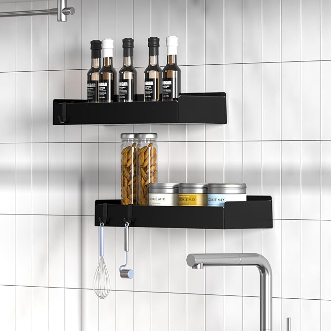 Shower Caddy Adhesive, 2 Pack Large Capacity Rustproof Shower Shelves, No Drill Bathroom Shelf with 8 Hooks, Stainless Steel Shower Organizer Rack, Black