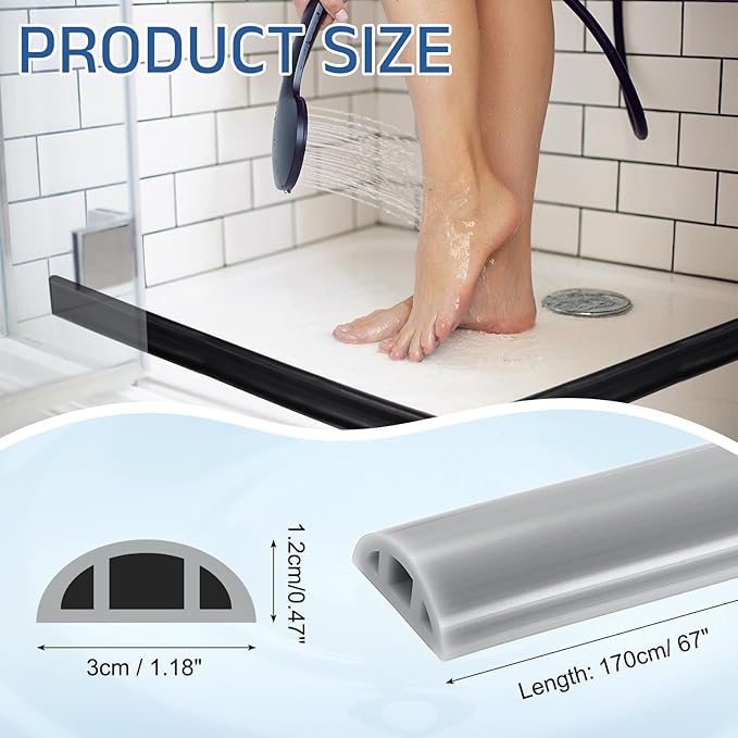 uxcell Shower Water Barrier, 67" Silicone Splash Guard Shower Water Stopper Retention System for Bathtub Sink Washing Machine Dry and Wet Separation, 1.18"W x 0.47"H, Gray