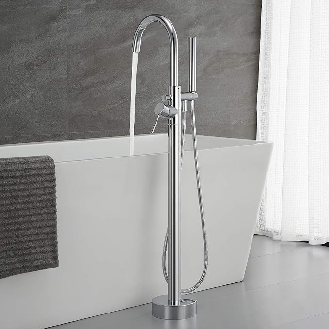 Freestanding Tub Filler Bathtub Faucet Chrome Single Handle Floor Mounted Faucets with Handheld Shower