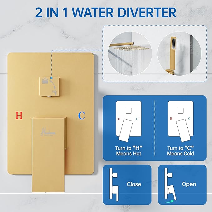 12 Inch Luxury Rain Shower Faucet Set, Brushed Gold Shower System with Rainfall Shower Head and Handheld Spray, SUS304 Stainless Steel and Solid Brass Wall Mounted Shower Valve Trim Kit