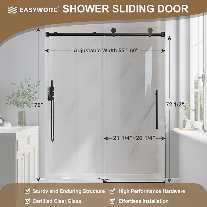 Frameless Glass Shower Door, 55-60" W x 76" H Sliding Frameless Shower Door, 1/4''(6mm) SGCC Tempered Glass, Explosion-Proof Film Nano Coating, Stainless Steel Hardware, Matte Black