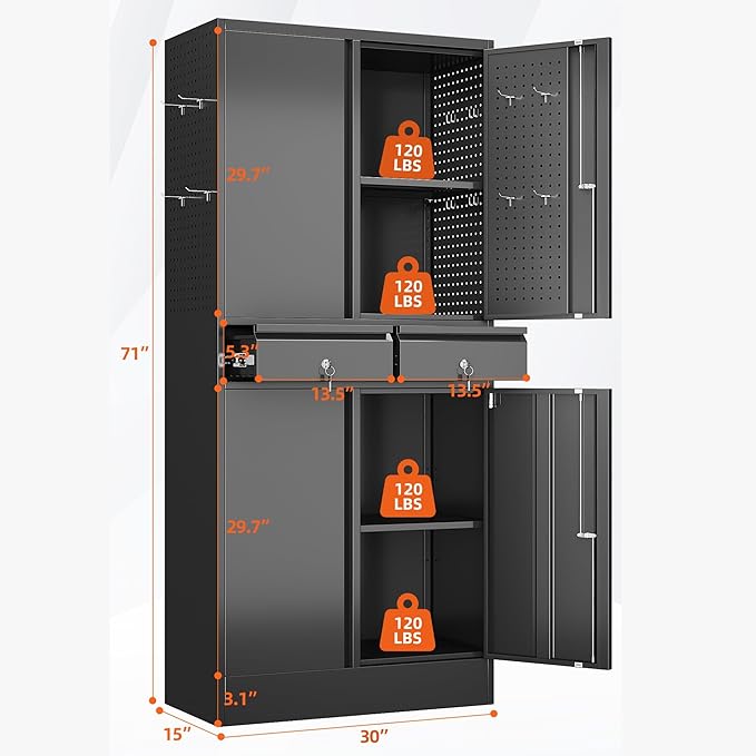 Aobabo 71" H×30" W×15" D Metal Storage Cabinet with 2 Drawers, Locking Steel Storage Cabinet with 2 Adjustable Shelves and 8 Hooks for Garage, Office, Black, Assembly Required