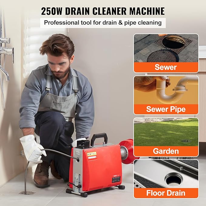 VEVOR 66FT x 5/8 Inch Drain Cleaner Machine, 250W Electric Sewer Snake Auger Manual Feed - with 7 Cutters, 2 Steel Cables (66' x 5/8" and 15' x 3/8")& CW/CCW Control for 1.6" to 4" Pipes