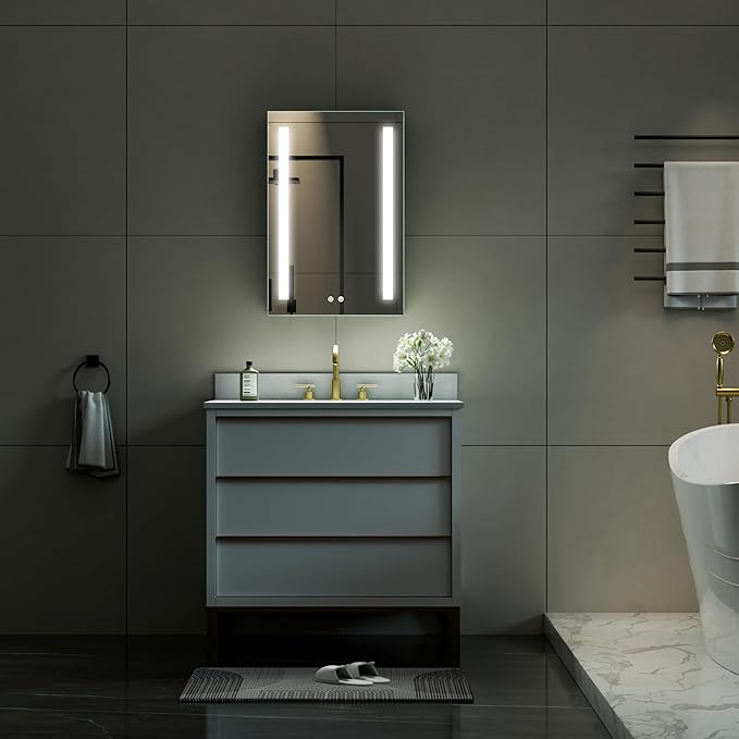 WELLFOR 20" X 30" LED Medicine Cabinet with Mirror, Single Left Opening Door, Recessed or Surface Cabinet Mirror, Bathroom Mirror Cabinet, Medicine Cabinet with Lights with Outlets & USB Ports