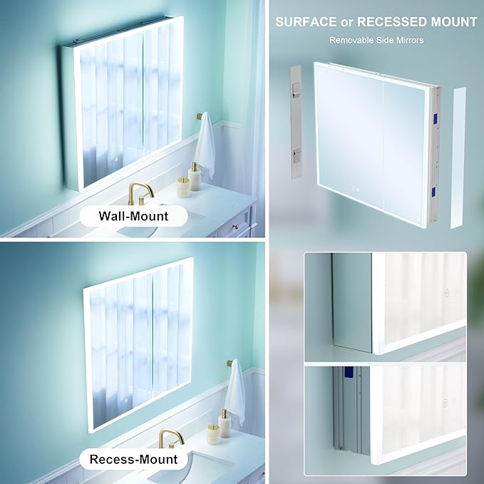 WELLFOR 30" X 30" Medicine Cabinet with Lights, 3X Magnification, Anti-Fog Mirrored Cabinet, Bathroom Vanity Medicine Cabinet with Outlets & USB Ports, Double Doors