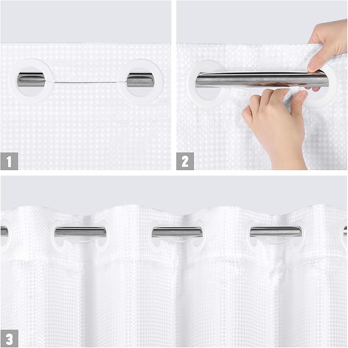 MitoVilla No Hooks Needed Extra Long Shower Curtain Liner Set, 86 inch XL Black Ombre Heavyweight Waffle Fabric Cloth Shower Curtains Set with Snap-in Liner for Modern Luxury Hotel Bathroom Decor