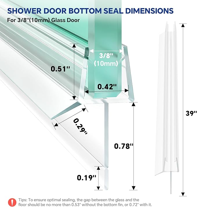 2-Pack Frameless Shower Door Bottom Seal (3/8" X 39") Clear Glass Seal Strip Shower Door Sweep - Stop Shower Leaks