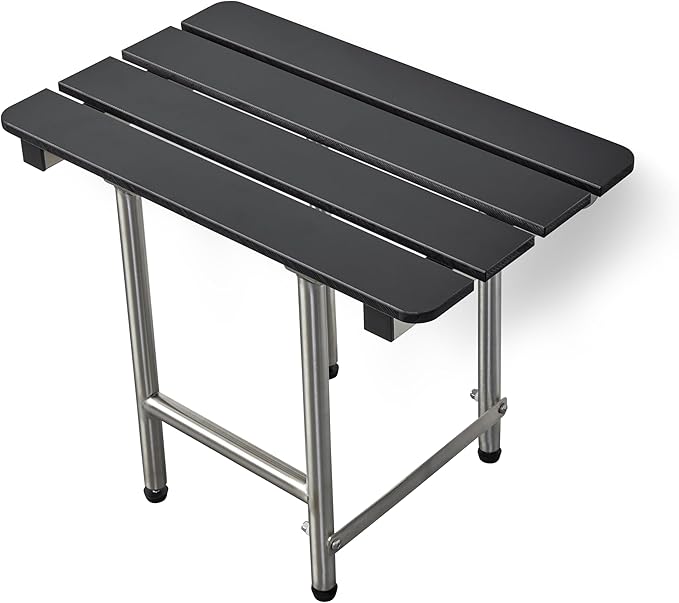 28-inch x 15-inch ADA Bariatric Folding Wall Mount Bathroom Shower Seat Bench with Legs, Black Slatted Phenolic Seat