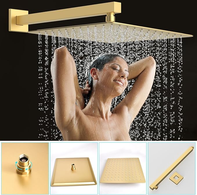 Shower System Modern Rain Brass Faucet Set With Valve and Diverter Shower Mixer With Handheld High Pressure Square Rainfall Shower Valve (12'' Wall Mount, Brushed Gold)