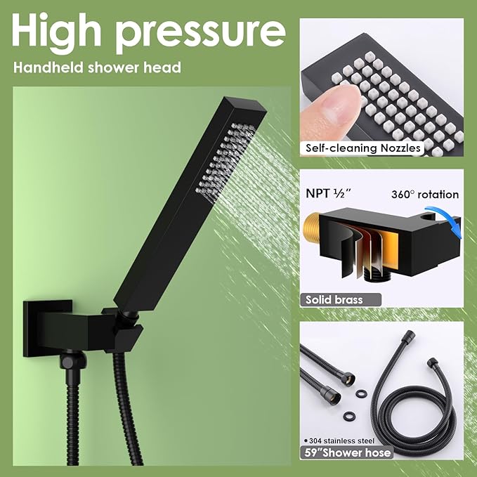 ENGA Dual Shower Head System with Tub Spout, Ceiling Mount 12 Inch Shower Head with 6 Inch Wall Mount Shower Head Shower Faucet Set, Matte Black