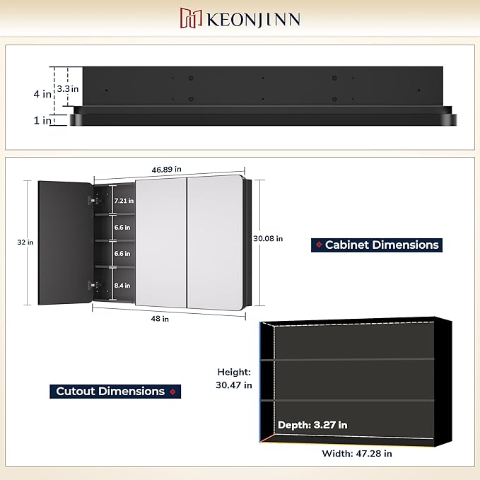 Keonjinn 48 x 32 Inch Large Black Medicine Cabinets, Recessed Bathroom Medicine Cabinet, Black Stainless Steel Framed, Sturdy & Heavy, Adjustable Shelves, Oversized Bathroom Mirror with Storage