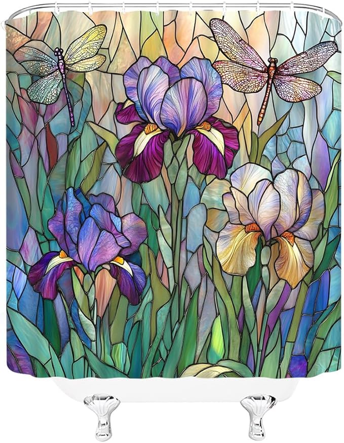 Stained Glass Shower Curtain Artistic Iris Dragonfly Purple Floral Green Leaves Abstract Nature Plant Spring Summer Modern Botanical Fabric Bathroom Decor Curtains with Hooks,82 x 70