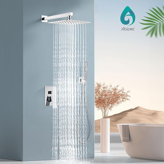 Aolemi Shower Faucet Set, High Pressure Shower System with 2-in-1 Handheld Sprayer, Wall Mount Fixture Combo with Rough-in Valve, 12 Inch Shower Head, Polish Chrome