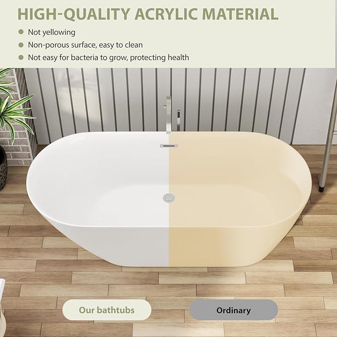 Mocoloo 67" Acrylic Freestanding Bathtub Contemporary Soaking White Bath Tub with Gold Overflow and Drain