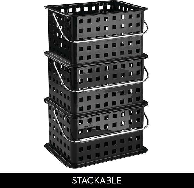 iDesign Stackable Shower Basket with Handle for Dorm or Bathroom - Set of 3 - Black - Made in USA